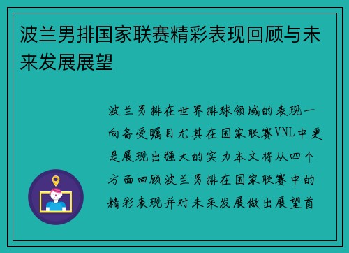 波兰男排国家联赛精彩表现回顾与未来发展展望
