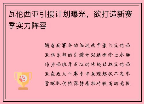 瓦伦西亚引援计划曝光，欲打造新赛季实力阵容